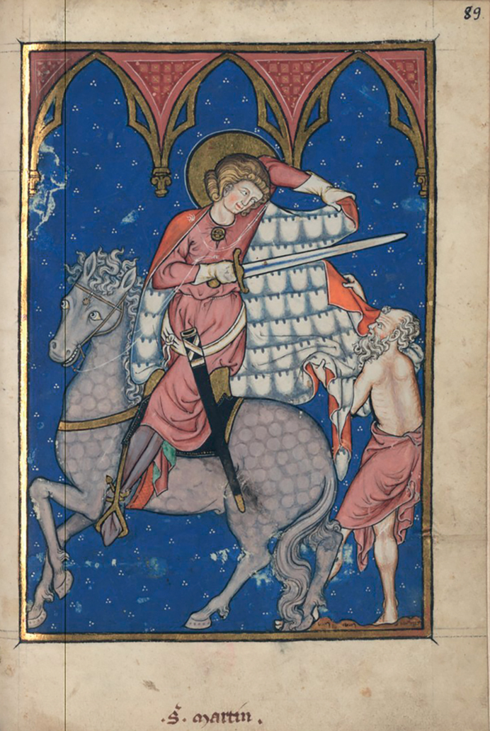 Figure 21. An illuminated manuscript page, in blue, red, and gold, depicting a man on horseback cutting his cloak in half to give to a poorly clothed man at his feet.