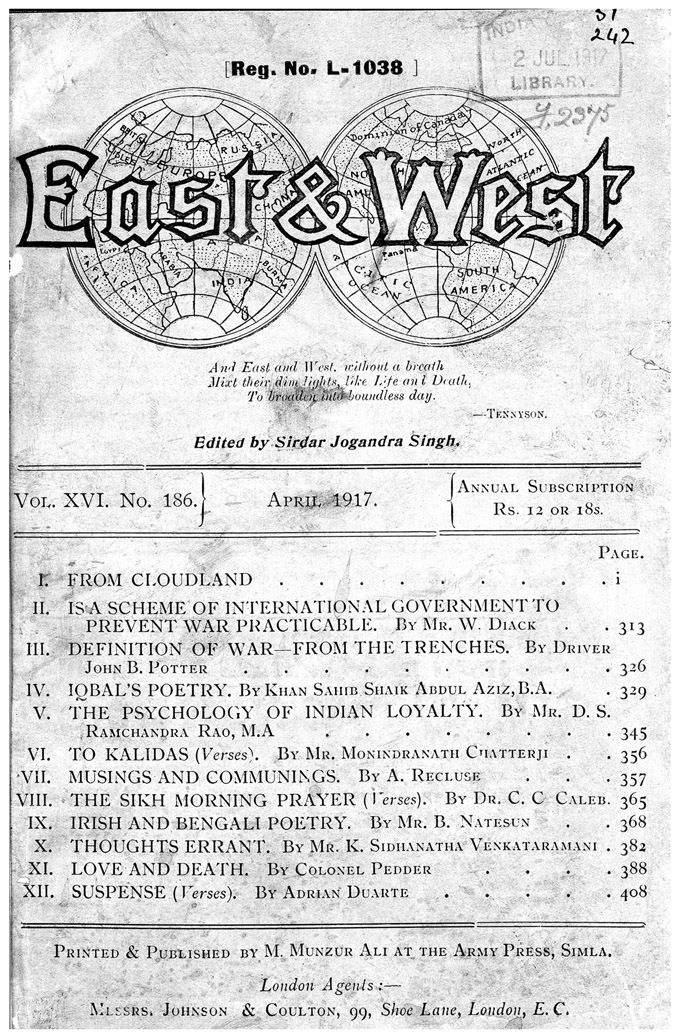 FIGURE 4.3 / Table of Contents from East and West, April 1917. Asia Pacific and Africa Holdings, British Library. Shelfmark SW 238, © British Library Board.