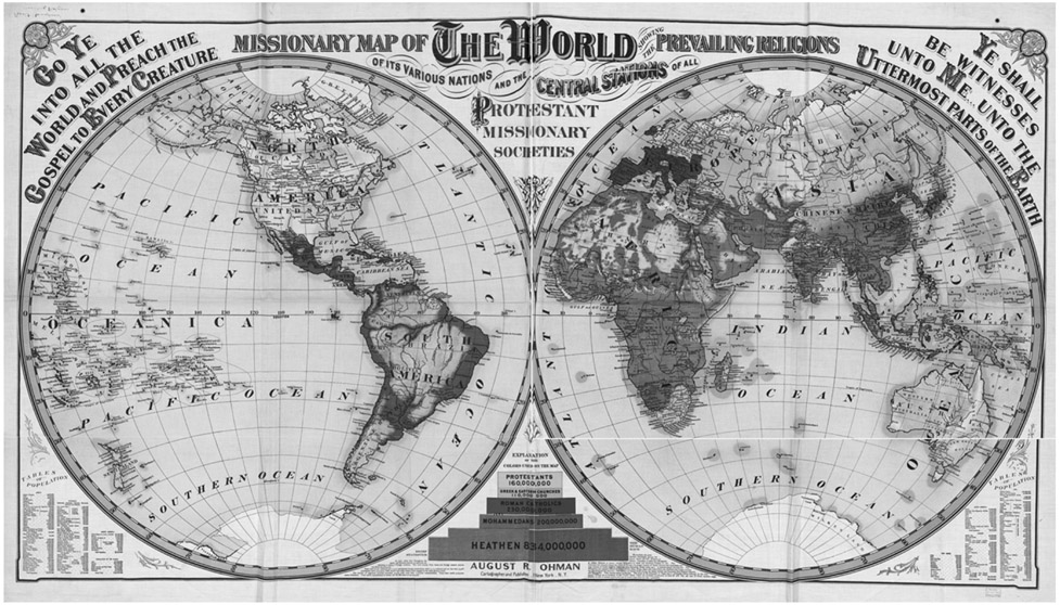 Figure III.1. A richly colored world map designed to show the locations of Protestant missions and world religions in 1902. The border reads, “Go ye into all the world and preach the gospel to every creature. Ye shall be witnesses unto me . . . unto the uttermost parts of the earth.”