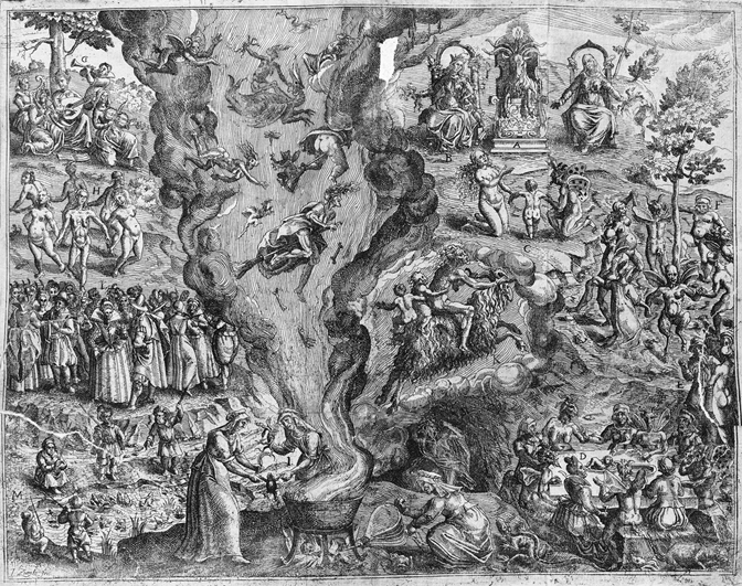 Figure 5.3. The witches’ gathering is depicted here with multiple glossed events that include feasting, dancing, broom flying, and children being presented to a devil-goat. This frontispiece was produced for a French source written about the Basque witch panic in 1612.