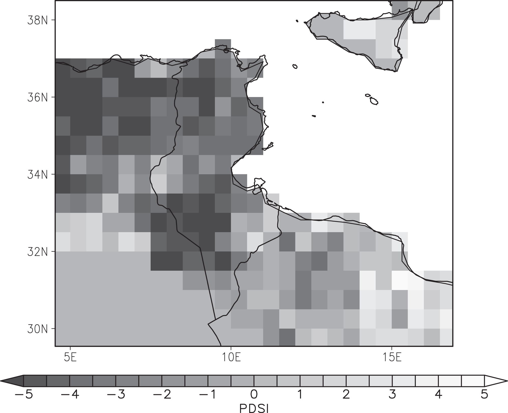 Figure 4: A map shows widespread drought in Ifriqiya in 1147—much worse than the average drought shown in figure 3. Palmer Drought Severity Index readings indicate a severe lack of rainfall during the summer months of this year.
