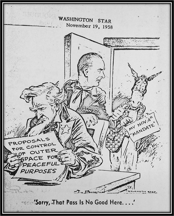 A Washington Star cartoon shows Lyndon Johnson blocking a donkey, dressed in a suit, holding a sign that says, “my Nov. 4th mandate,” and representing the Democratic Party, from entering a room where Uncle Sam reads a paper titled “Proposals for Control of Outer Space for Peaceful Purposes.”