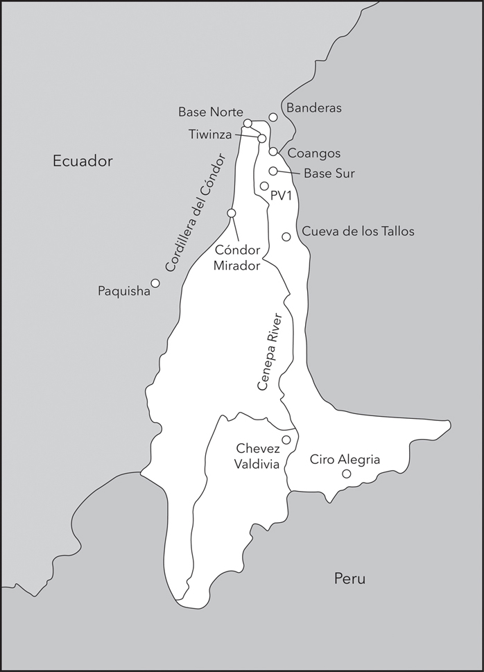 Figure 4.4. The disputed Cenepa Valley area is roughly shaped like an upward pointing triangle. Peru is to the east of the disputed area. Ecuador and the disputed Condor Mountain Range are to the west. The Cenepa River runs down the valley. Noteworthy bases include the Tiwinza and Base Sur bases, which sit near the northern tip of the disputed area and close to both Peru and Ecuador; the Cóndor Mirador base, which is approximately one-fifth of the way down the disputed area and borders Ecuador; and the Cueva de los Tallos base, which is slightly further south and near Peru.
