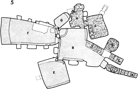 Figure 11.4. A foundation plan for the dwelling at number 5 at Esna, with rooms labeled from A to H.