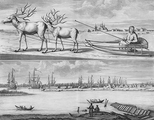 Figure 1.1. A Samoyed in a sledge being pulled by two reindeer outside of a Russian settlement, and two Samoyeds on the shoreline viewing large ships in the distance, hauling goods into harbor.