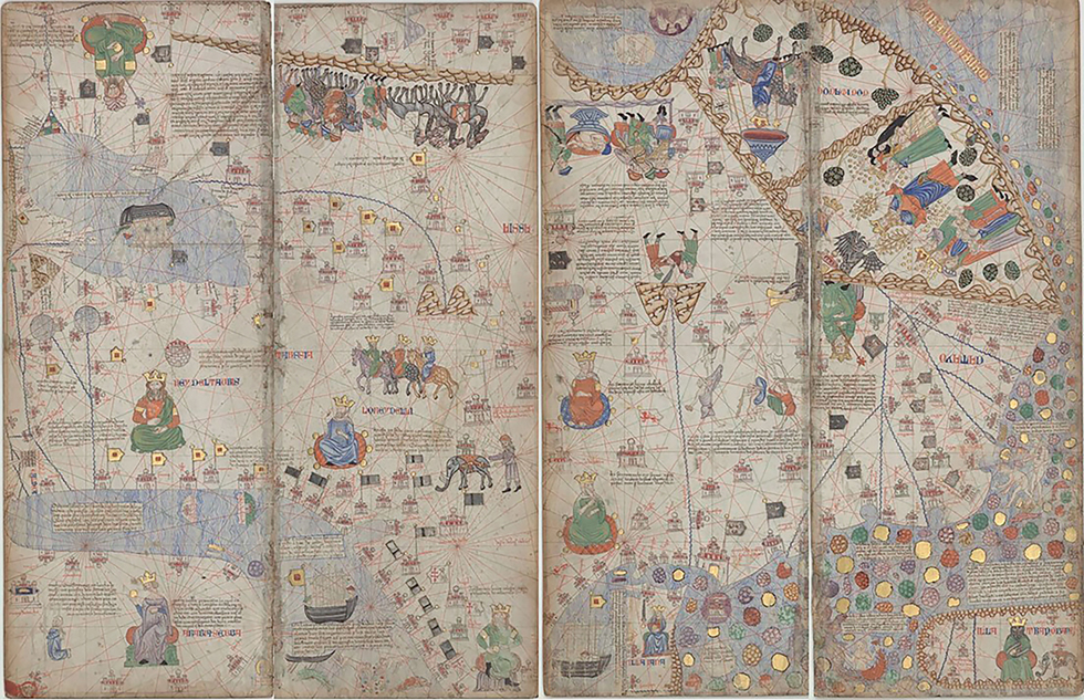 Figure 10. Four rectangular vertical panels. The eastern half of the Catalan Atlas showing the Caspian Sea, Persian Gulf, India, and the coast of China. There is text copied throughout; boats in the Caspian Sea, Persian Gulf, and Indian Ocean; gold, red, green, and purple islands are scattered along the coast of southeastern Asia and China; mountains; a caravan; seated rulers; a standing ruler (possibly Antichrist) with followers; flags and buildings indicate cities and kingdoms.