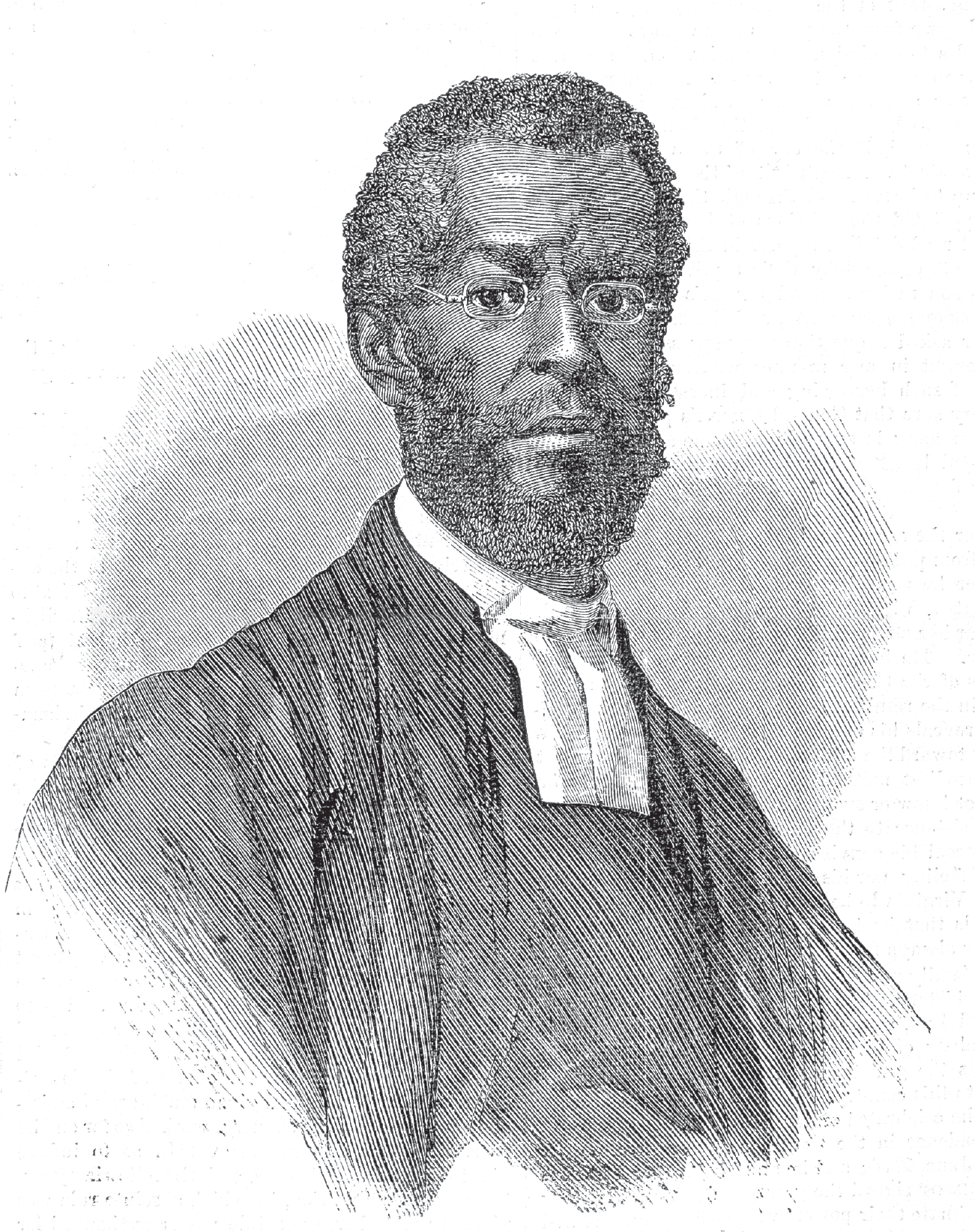 A bearded, bespectacled man drawn from the chest up gazes ahead with a serious expression. He is elegantly dressed in a dark robe with a simple white cravat.