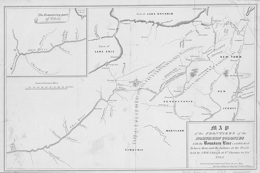 Guy Johnson prepared a map of the 1768 Fort Stanwix boundary line that encompassed Mohawk communities to the east and approached Oneida villages. Oneida men and women protested the placement of the boundary line west of the Great Carrying Place, at the northern terminus of the line.