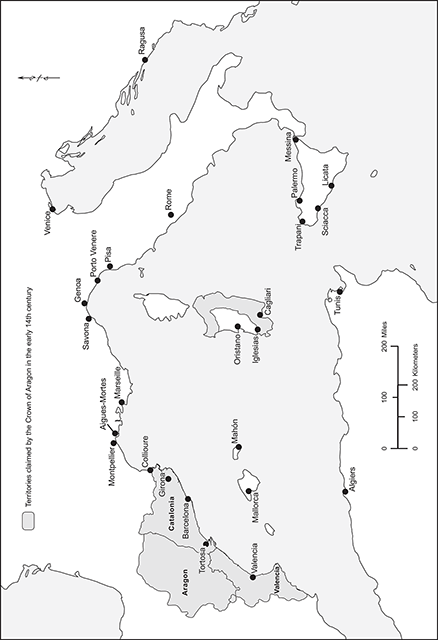 Map of the western Mediterranean, depicting major coastal cities and outlining territories in the Iberian Peninsula and Sardinia claimed by the Crown of Aragon in the early fourteenth century.