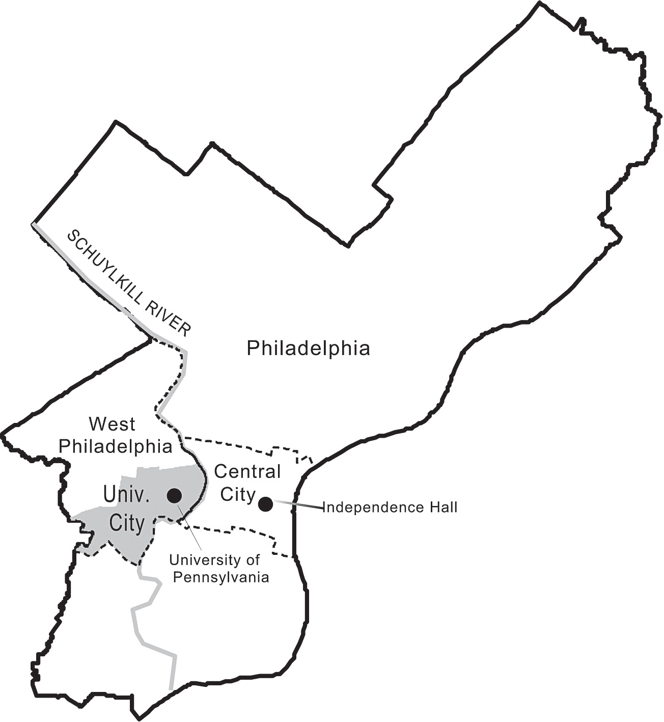 Figure 9.3: A map of Philadelphia, highlighting West Philadelphia, University City, and the University of Pennsylvania.
