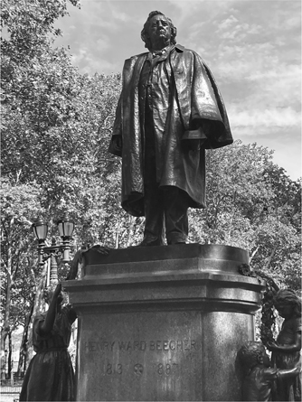 Figure 2.12. Henry Ward Beecher, rector of Plymouth Church, is memorialized in a large bronze statue standing prominently in Cadman Plaza in the heart of Brooklyn’s civic center. The heavily cloaked Beecher looks proudly toward Borough Hall.