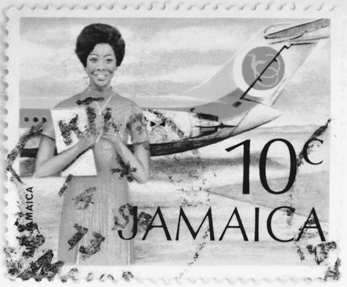Figure 9.1. On a stamp reading “ten cents,” “Jamaica,” and “Air Jamaica,” a stewardess wearing a pink uniform dress stands in the foreground. In the background is a plane, on which the Jamaican flag and the Air Jamaica logo can be seen.