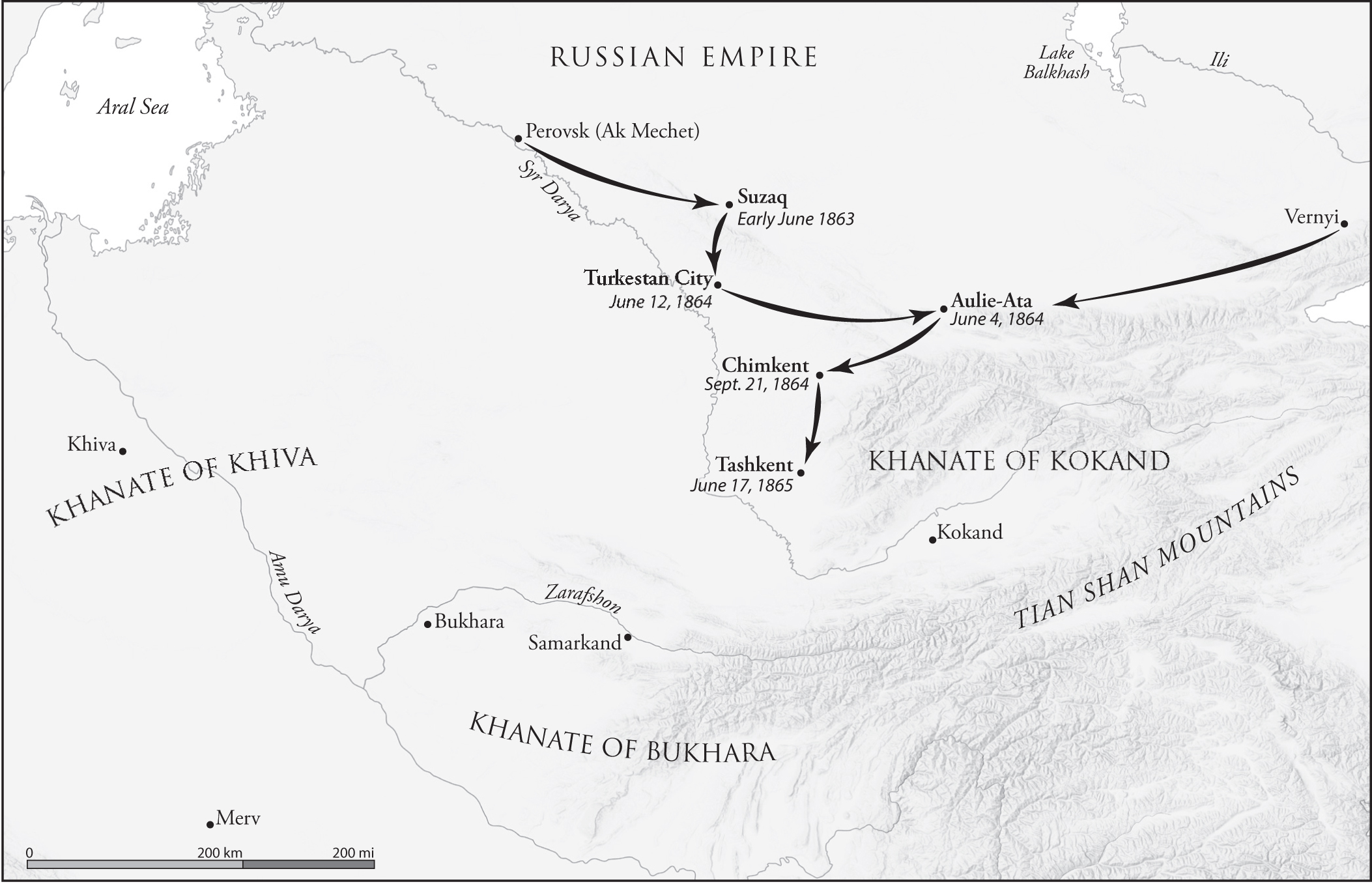 This image is a map illustrating key locations in Russias conquest of Kokand.