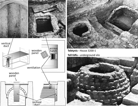 Figure 3.8. A set of panels showing images of vaulted cellars and domed silos built within the underground spaces of tower house foundation levels (top left and right side) and schematic diagrams (bottom left).