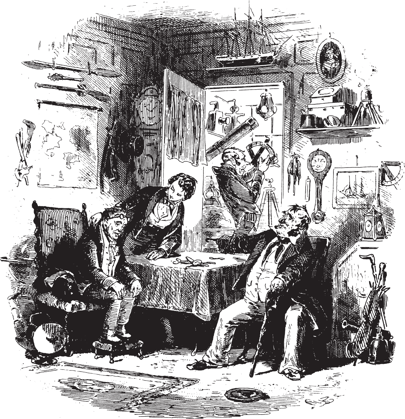 Figure 5: Captain Cuttle sits at a table with his right-hand hook positioned over the table in the very center of the illustration.