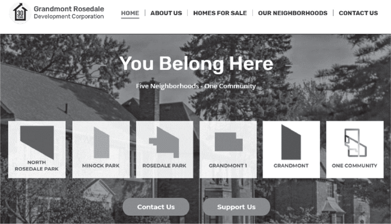 Figure 6.3: The homepage of the website of the Grandmont-Rosedale Development Corporation in Detroit with the heading “You belong here.”