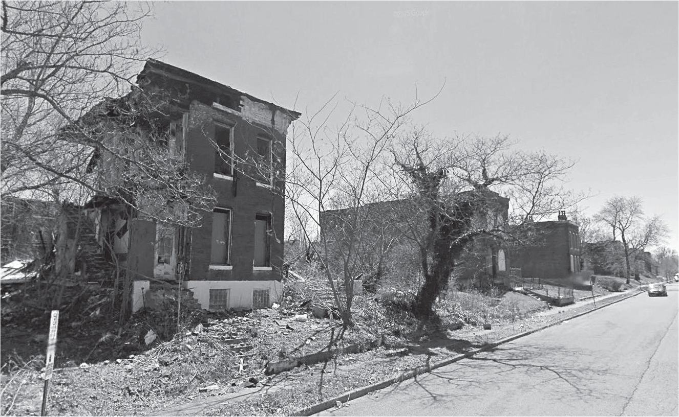 Figure 12.3: Photograph of a street in northern St. Louis showing vacant, abandoned houses, and vacant lots.