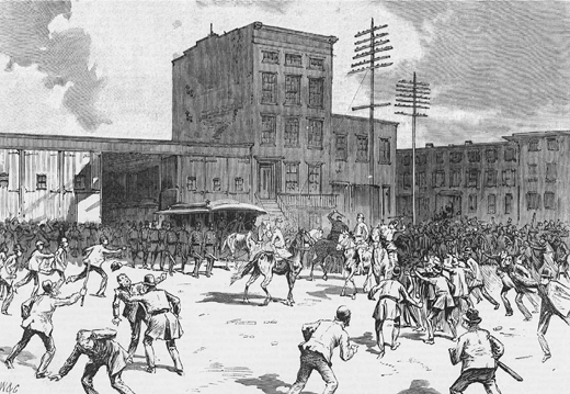Figure 5.6. An angry crowd rushes toward a police or militia escort of a trolley car leaving its barn during the Brooklyn transit strike of 1895.