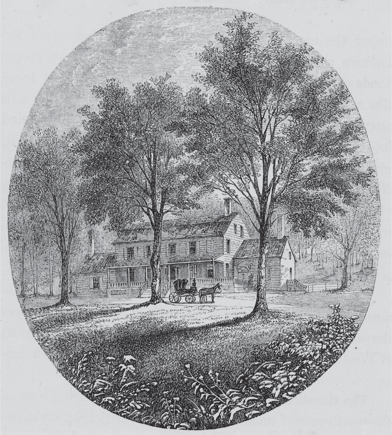 A two-story house, with attached single-story structures on either end and a railed front porch, stands nestled among sizable trees. A horse and buggy with a top-hatted driver wait just to the right of the house’s front steps.