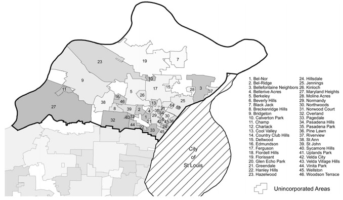 MAP 2.3 The area known as North St. Louis County as of 2018. Forty-six of the eighty-eight cities in St. Louis County sit within this footprint. Source: US Census, 2013–17 American Community Survey. TIGER/Line shape files prepared by the US Census Bureau, 2018. Map by Alexis Sheehy.