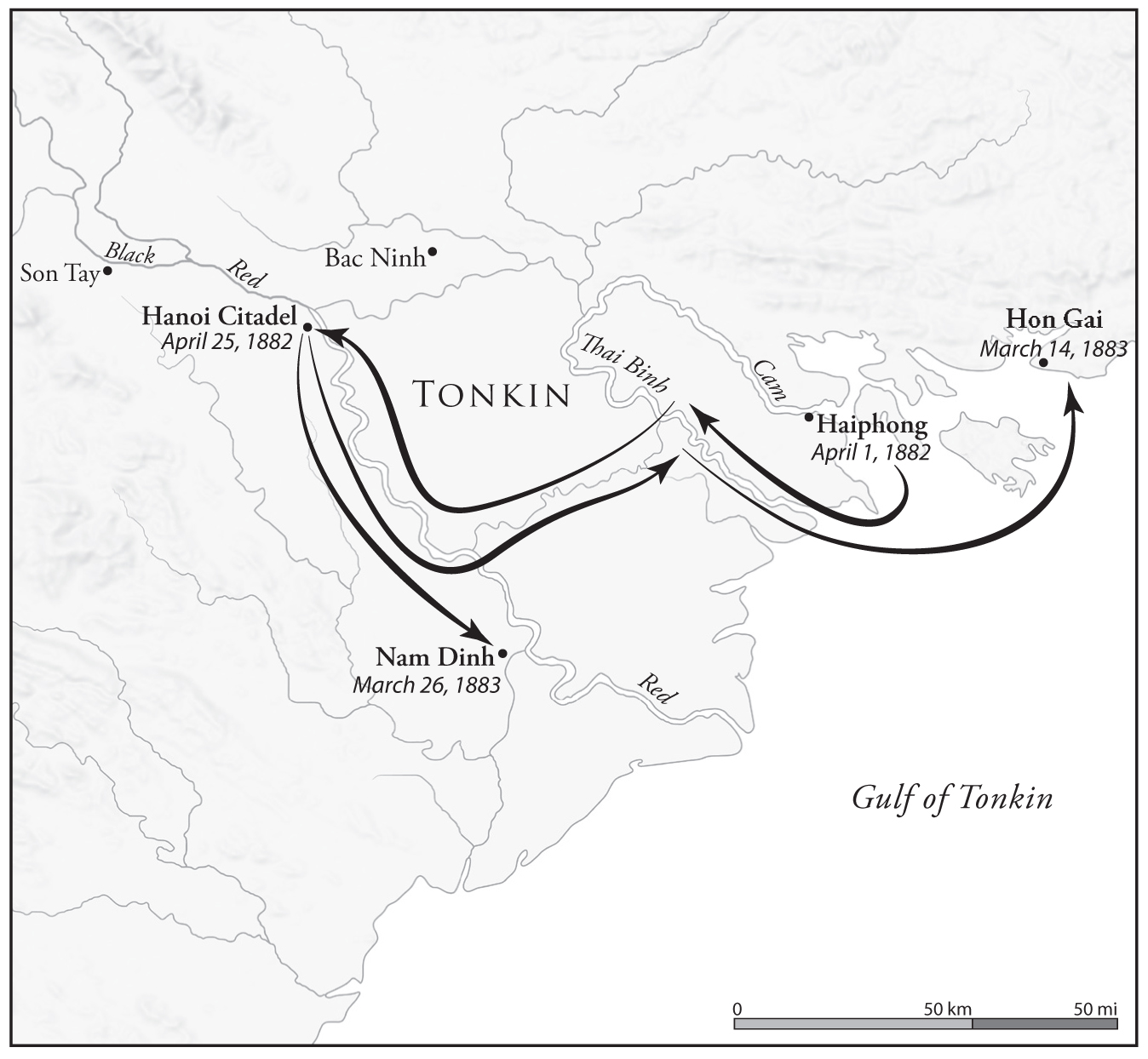 This image is a map illustrating key locations in Frances 18821883 conquest of Tonkin.