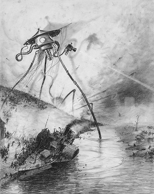 A drawing of a long-legged spaceship towers above tiny human figures. The spaceship is shooting a futuristic gun.