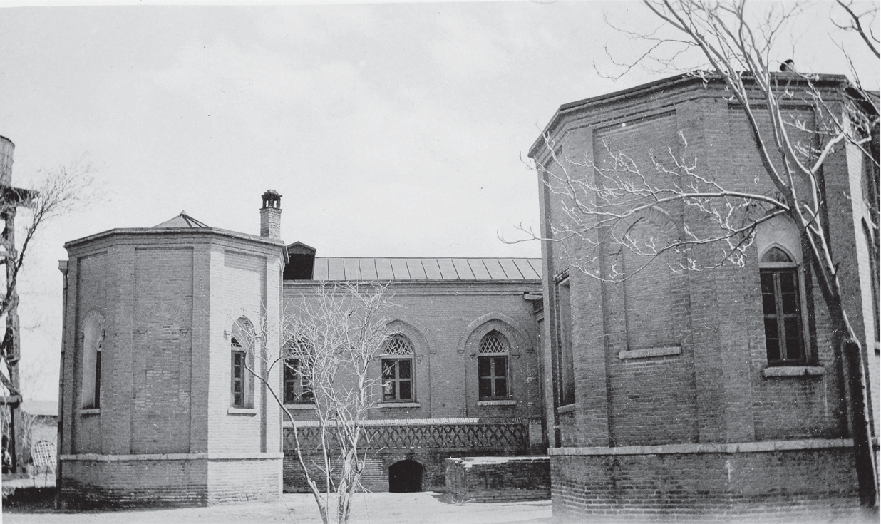 A wing of the building that housed the Presbyterian Mission Hospital from 1889 to 1942 and Community School from 1952 to 1979. The two rounded towers on each end of the wing are reminiscent of a small medieval castle, and are unusual features for a school building.