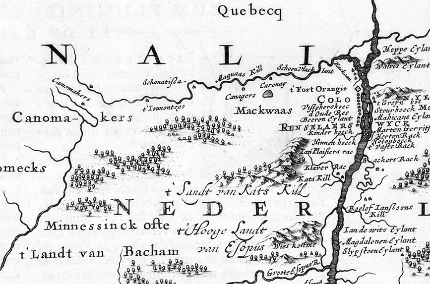 Enlarged view of Renselaerswyck along Hudson River. The image locates the four main Mohawk villages along the Mohawk River and shows their proximity to Fort Orange near the mouth of the Mohawk River as well as the location of Dutch settlements along the Hudson River.