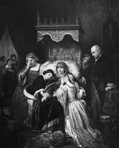 A dimly lit portrait of a middle-aged woman in royal robes reclining blankly on a throne, embraced by a young boy and girl in aristocratic garb, while men and women of the court stand on each side in attitudes of grief.