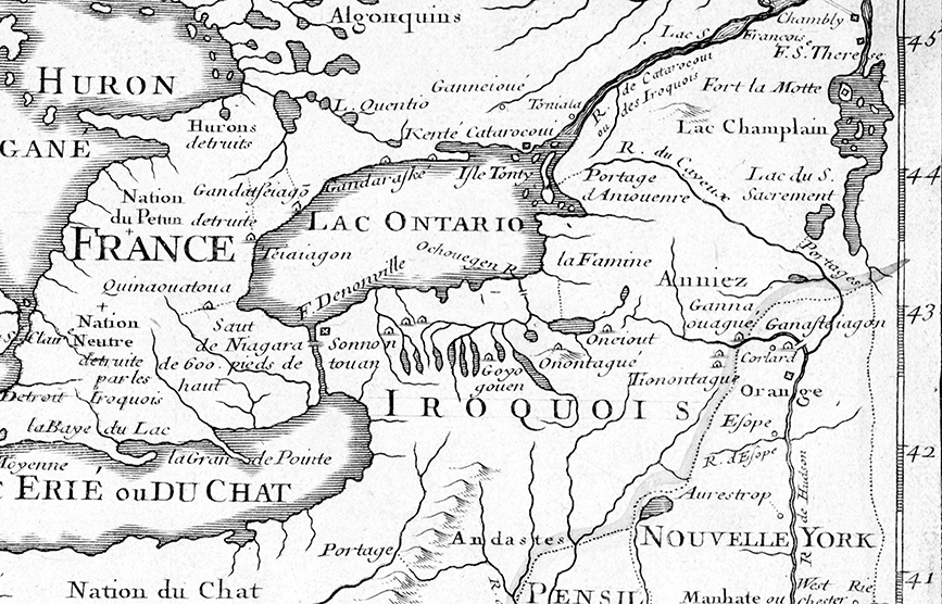 Enlarged view of DeLisle's 1718 map centering Haudenosaunee homelands. The abundance and placement of text fulfills New France's imperial agenda by claiming relationships with distant Indigenous nations and preventing those expansionist claims of the British. The map, however, underscores the ability of Haudenosaunee peoples to restrict European knowledge of their homelands.