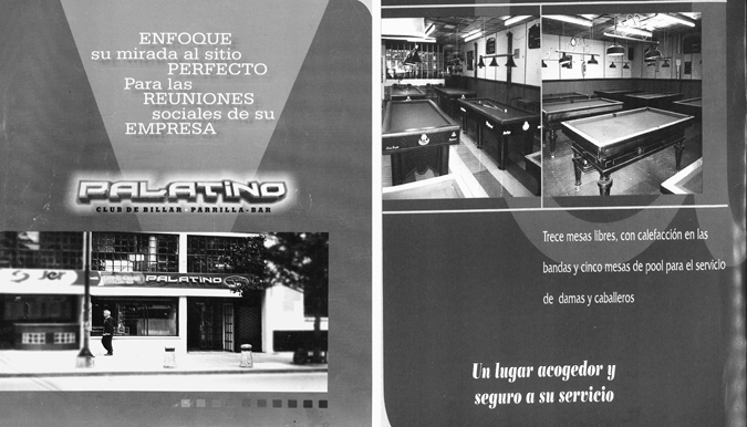 Figure 4.4. The left side of a brochure shows a building exterior with the name of the billiard hall and some marketing text, and the right side shows photographs from the building’s interior, including billiard tables, with additional text.