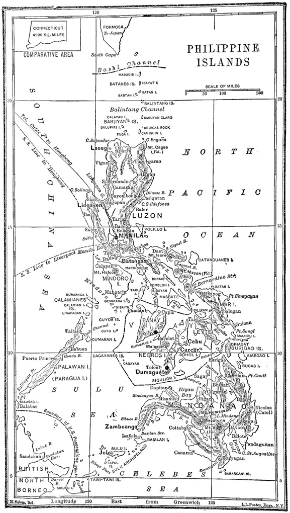 Figure 8.1. A missionary map of the Philippine Islands in 1903 uses a small map of Connecticut to help viewers understand the relative size of the Philippines.