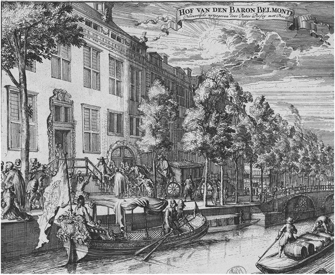 Figure 2.1. View of a canal house with a group of people and a coach. One man with a hat is ascending a small outdoor staircase that leads to the house’s front door. In the foreground is a tree-lined canal with a boat on which three men can be seen. In the lower right-hand corner is a raft with two men and a few barrels.