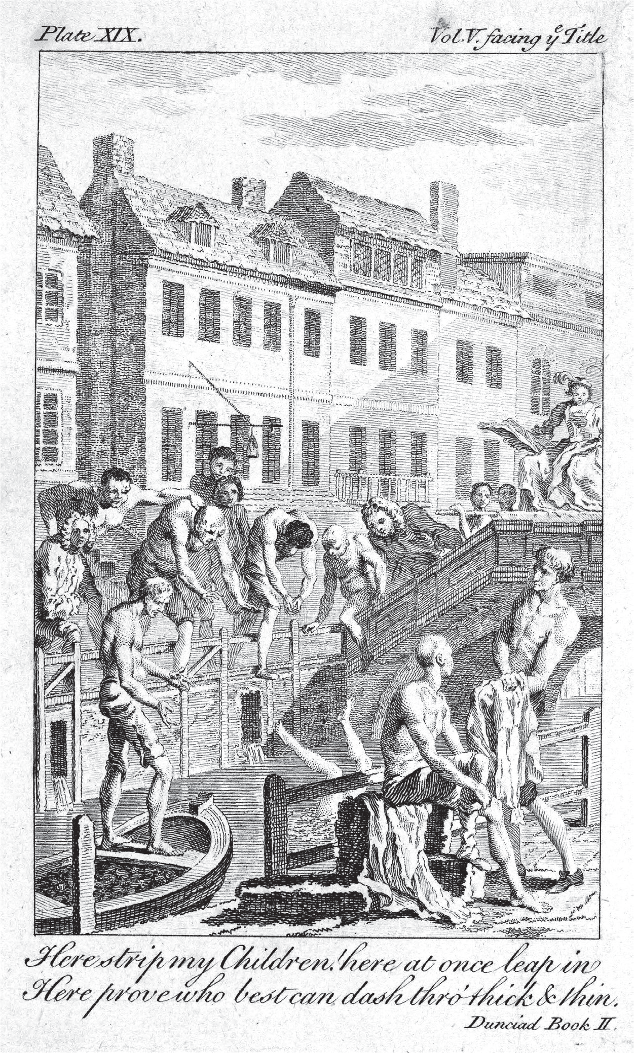 Figure 3. A sketch of a group of people on a bridge and dock, ready to jump into the river.