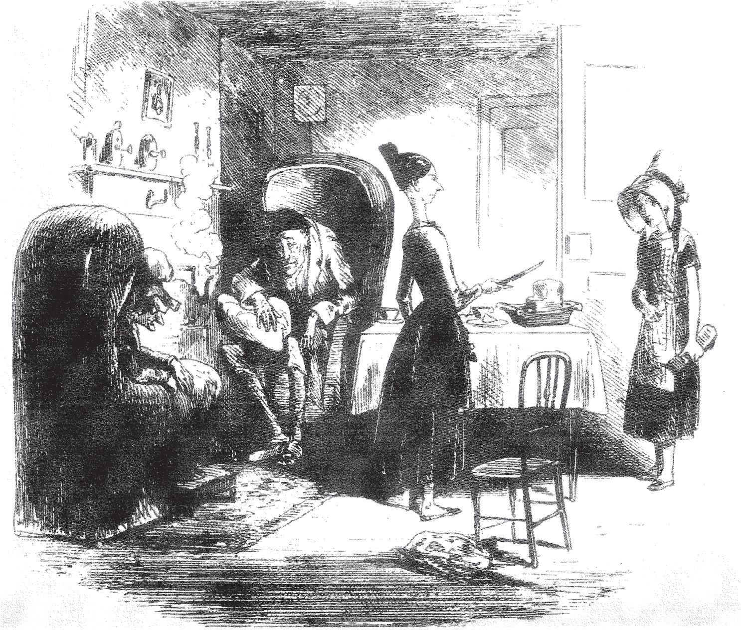 Figure 13: At the center of the illustration, Grandfather Smallweed appears sitting and slouched over in a chair by the fireplace. Because of this positioning, his shoulders are nearly impossible to recognize.