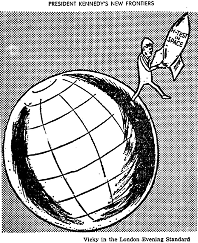 A drawing of globe with a walking figure of President Kennedy holding a large rocket labeled “H-Test in Space.”