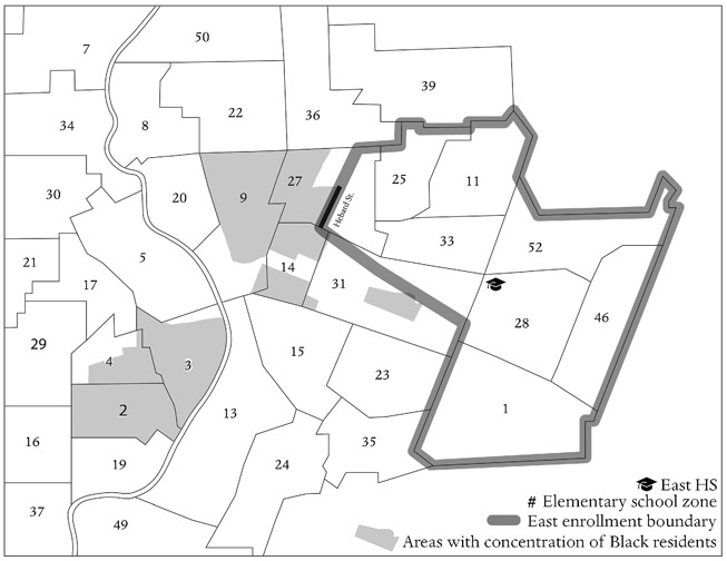A map showing elementary and secondary school enrollment boundaries in northeast Rochester as well as concentration of Black residents after the construction of a new East High School in 1959.