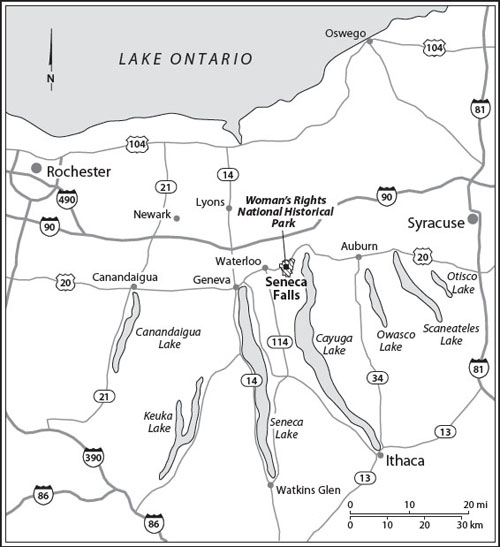 Figure 2 A map shows the five large narrow lakes in central New York (plus a couple of smaller ones) that are shaped like the fingers of a hand. Seneca Falls is at the north end of Cayuga Lake, the center of the hand.