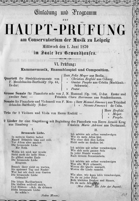 A sheet of paper with text, stating the concert program of students at the Leipzig Conservatory of Music.