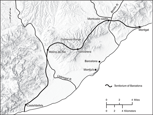 Map of the Barcelona plain depicting the city's medieval territorium as a semicircle bounded by the Collserola mountains to the northwest and the Mediterranean to the southeast.