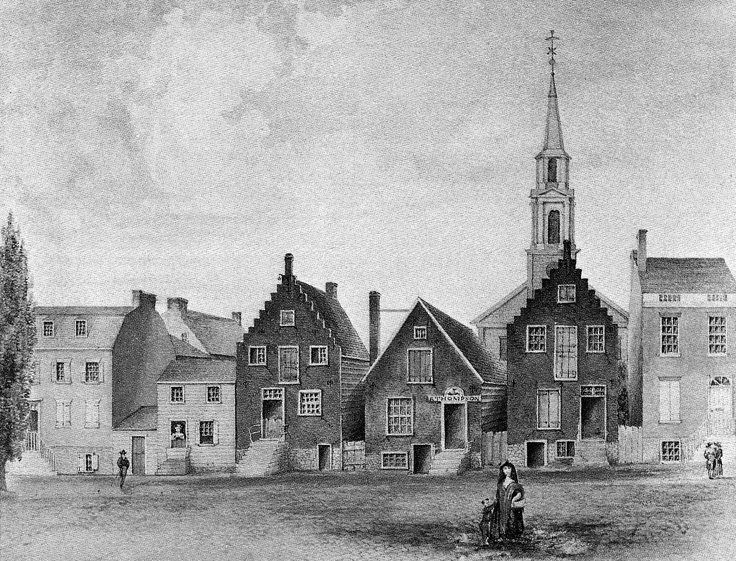 A drawing depicts an eighteenth-century street with a row of gable-roof houses with stoops. Some windows have closed shutters. Behind them a church with steeple is visible. In the foreground a woman stands in the street and in the distance a few other people walk the street.