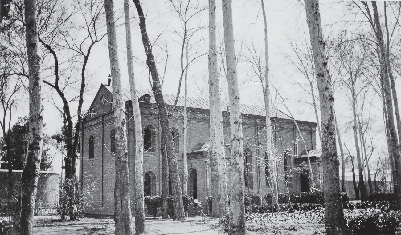 An image of the Presbyterian Mission chapel on Central Compound, Qavam al-Saltaneh, also known as Stalin Avenue, in downtown Tehran. The tree-lined, garden-like compound and American-style church stood in stark juxtaposition to the rest of the city just beyond the compound walls.