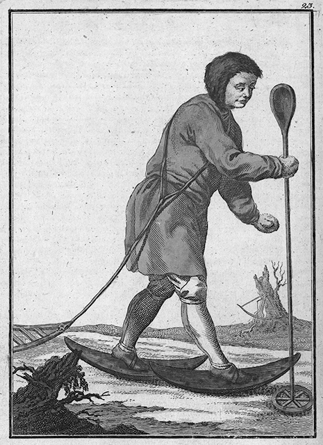 Figure 5.2. An Ostiak man walking across an icy river wearing broad woven shoes and using a wooden staff for support and trailing a sled behind him.