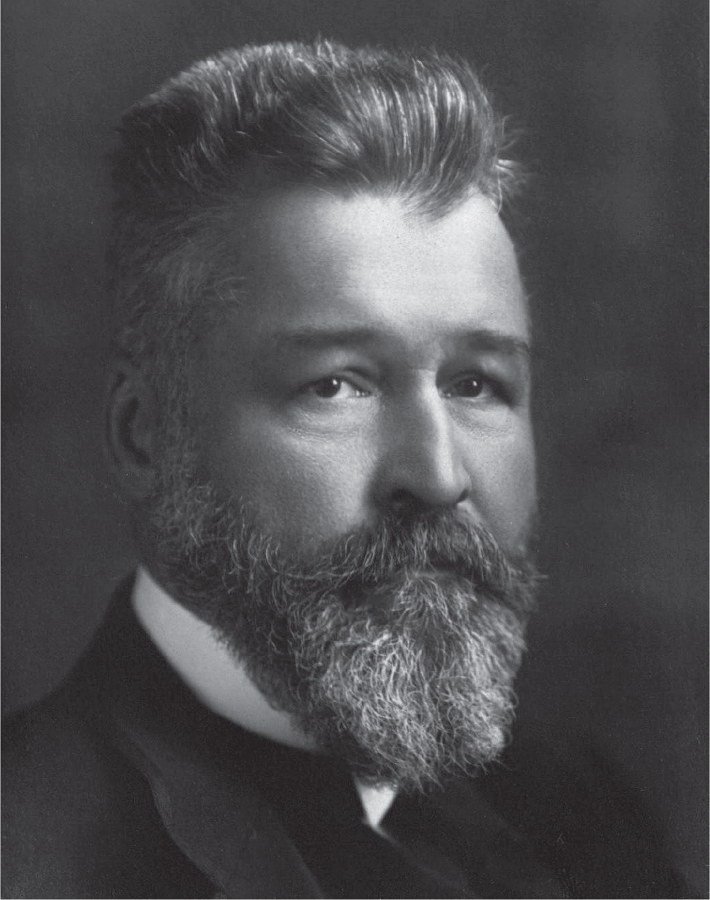 A man with a full beard streaked with gray, a thick mustache, neatly trimmed hair, and an unlined face fixes his gaze for a formal headshot photograph.