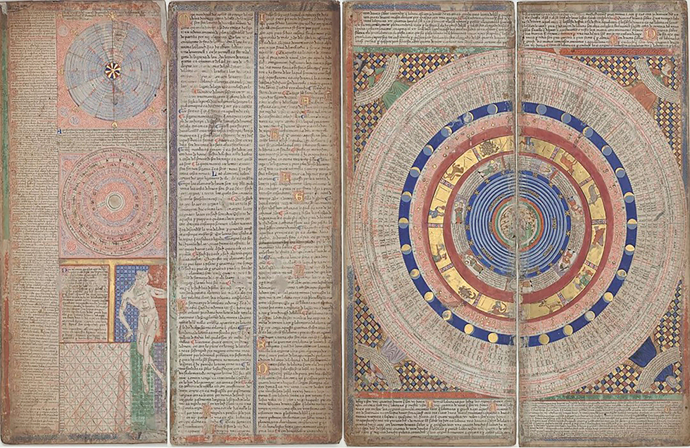 Figure 8. Four rectangular vertical panels. Leftmost has a text column, two circular diagrams, and a drawing of a man. The next panel has text only. The last two panels have a large circular diagram with the signs of the zodiac and phases of the moon, and around the diagram are four figures holding banderoles with text. There is text above and below the diagram.