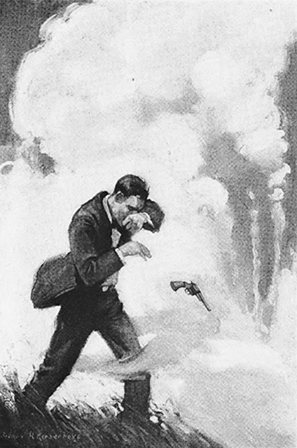 A drawing of a man wearing a suit drops the pistol he was holding and covers his face with his sleeve to shield himself against the fog surrounding him.