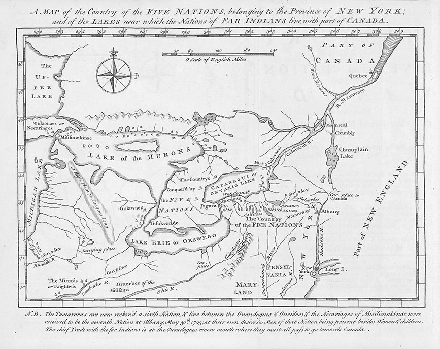 Cadwallader Colden's 1727 map (reprinted in 1747) shows the approximate location of Haudenosaunee villages south of Lake Ontario as well as conquered lands north and west of Lake Ontario and Lake Erie. Colden also notes the New England colonies to the east and the Chesapeake Bay to the south.