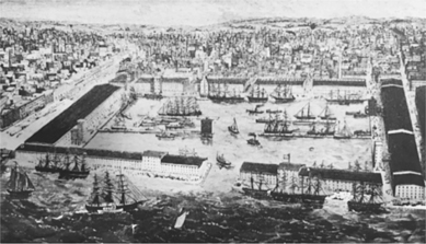 Figure 2.2. The new Atlantic Basin in South Brooklyn is shown in a dramatic aerial view. The basin is filled with ships and surrounded by warehouses. Built-up residential neighborhoods are in the background.