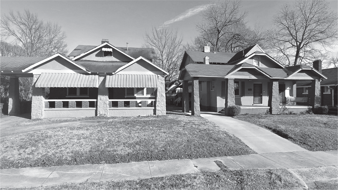 Figure 8.5: A photograph of two homes in Memphis’s Vollentine Evergreen neighborhood showing their distinctive bungalow style with wide verandas across the front.