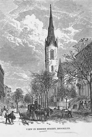 Figure 2.9. A long view down Remsen Street in Brooklyn Heights features the very tall steeple of the Church of the Pilgrims and includes several elegant townhouses, pedestrians, a carriage, and a hand cart.